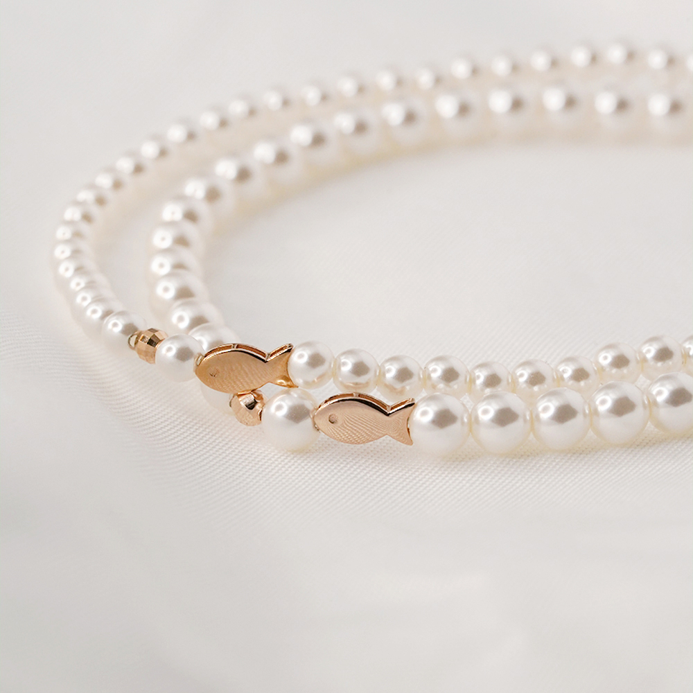 14k 핑크골드 크리스탈 물고기 진주 팔찌 - 탄생석 원석 재물운 선물 데일리