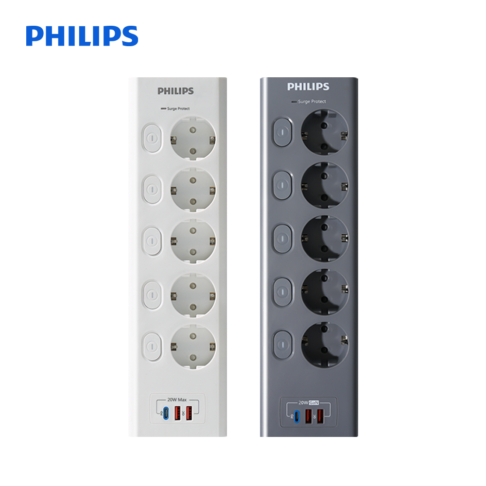 필립스 멀티탭 고용량 맥스 5구 2M USB 20W 서지보호 개별 스위치 과부하차단 안전 접지 - 상품 이미지
