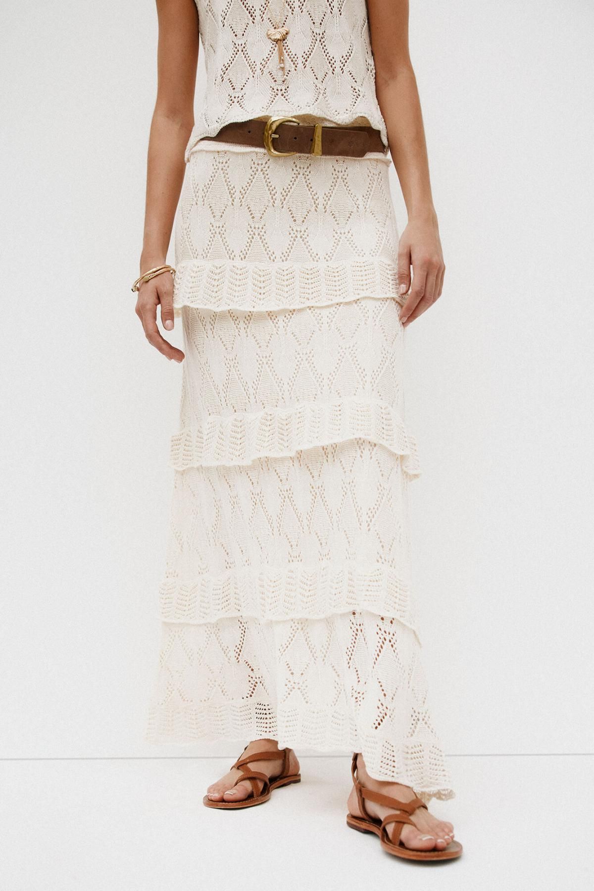 호스 인트로피아 프릴 트리코트 플레어 롱 스커트 8422449 BEIGE