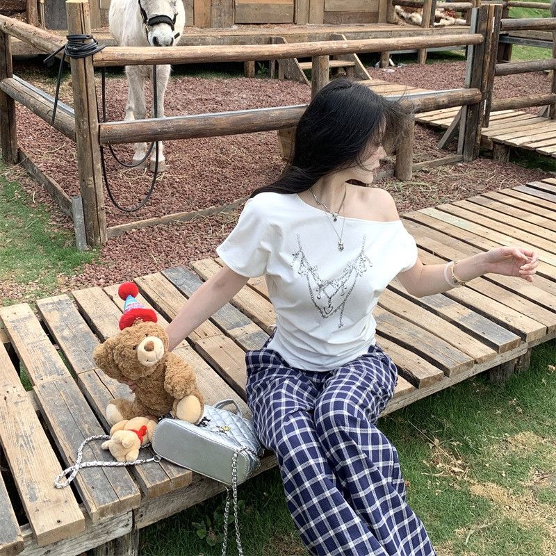 여성 유니크 사선넥 언발란스 체인 프린팅 반팔티 데일리 캐주얼 루즈핏 여름 상의 순면 티셔츠 봄 여름 13206 - 상품 이미지