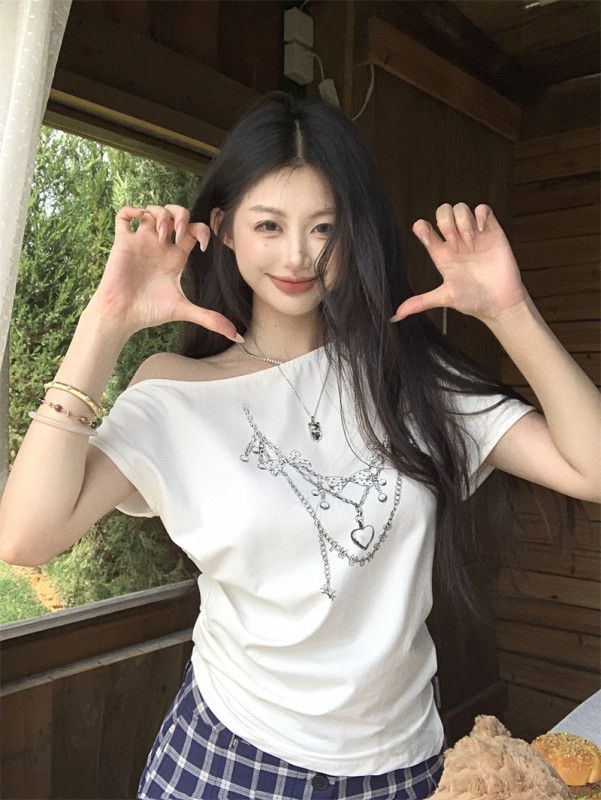 여성 유니크 사선넥 언발란스 체인 프린팅 반팔티 데일리 캐주얼 루즈핏 여름 상의 순면 티셔츠 봄 여름 13206 - 상세 이미지 5