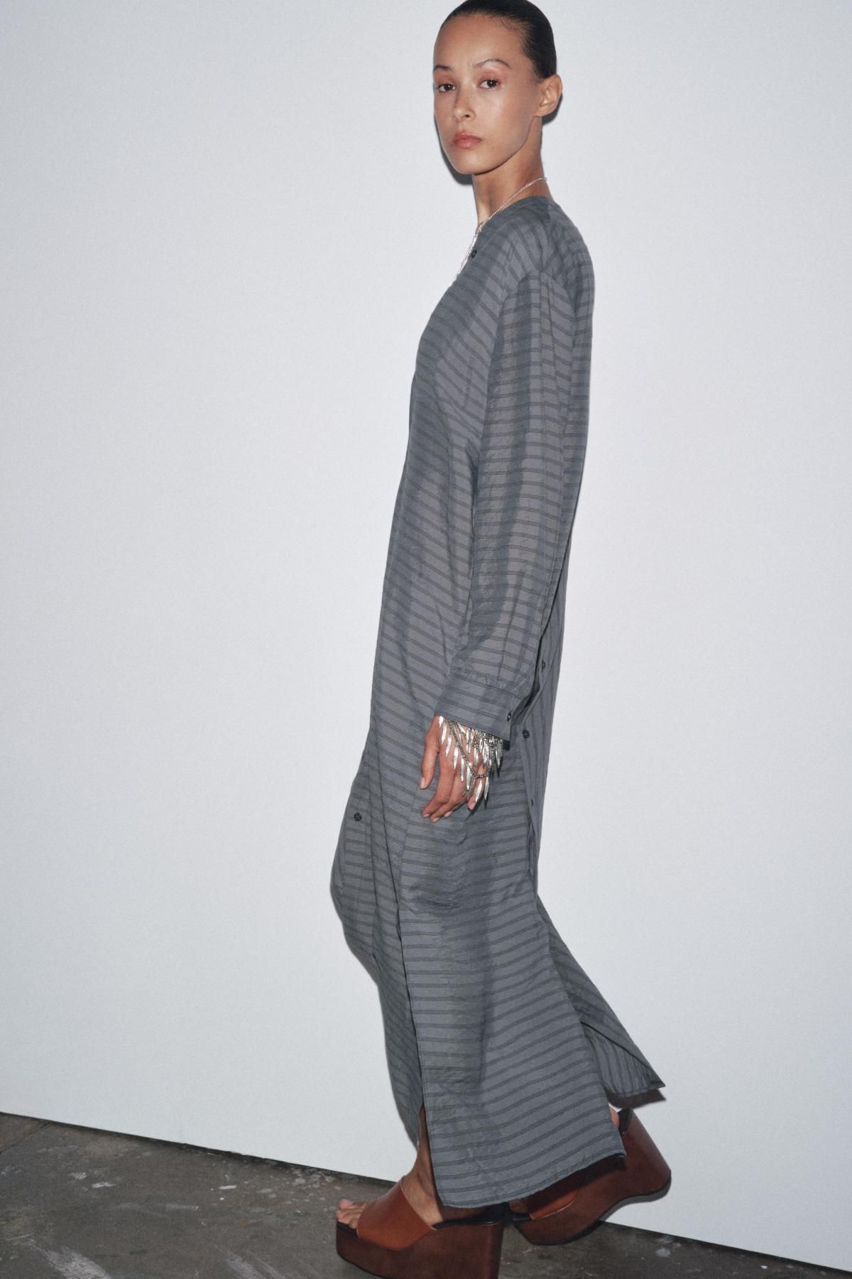 자라 스트라이프 브이넥 롱 셔츠 원피스 4333/240 ANTHRACITE GREY - 상세 이미지 3