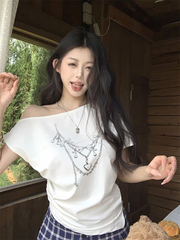 여성 유니크 사선넥 언발란스 체인 프린팅 반팔티 데일리 캐주얼 루즈핏 여름 상의 순면 티셔츠 봄 여름 13206 - 상세 이미지 3