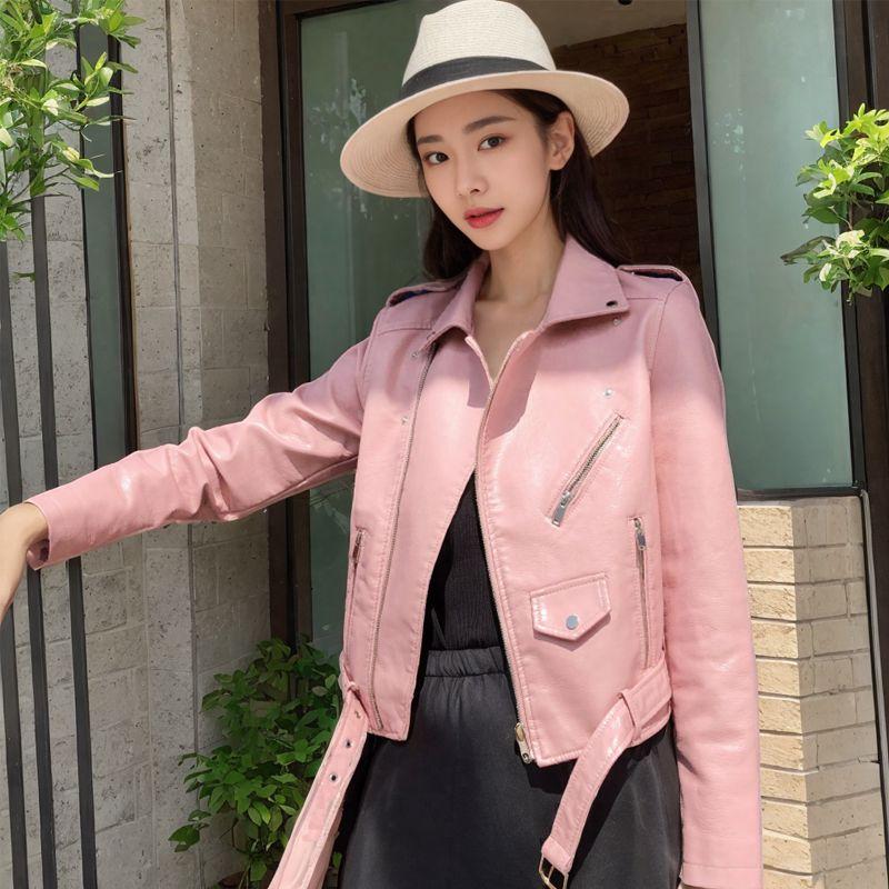 봄 가을 여성용 짧은 인조 가죽 재킷 자켓 오토바이라이딩 옐로우 이미지 7