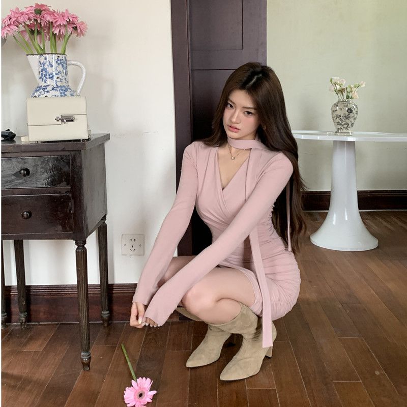 여성 브이넥 긴팔 셔링 슬림핏 미니 랩원피스 바디핏 하객룩 파티룩 데이트 오피스 봄 가을 원피스 8552 - 상세 이미지 2