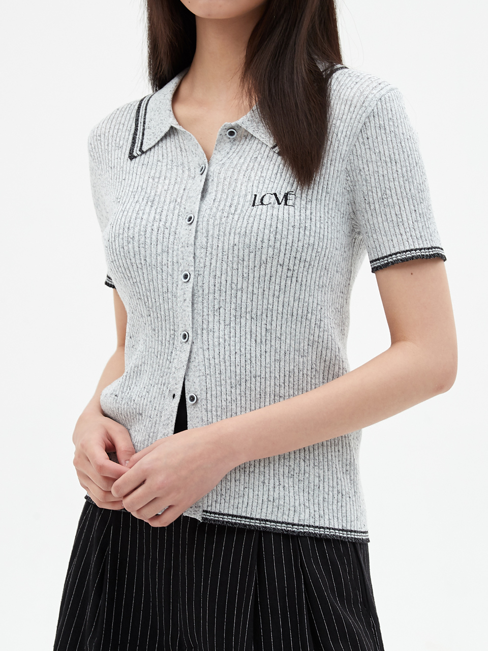 [엘씨브이] CONTRAST DETAIL KNIT TOP_GRAY - 상품 이미지