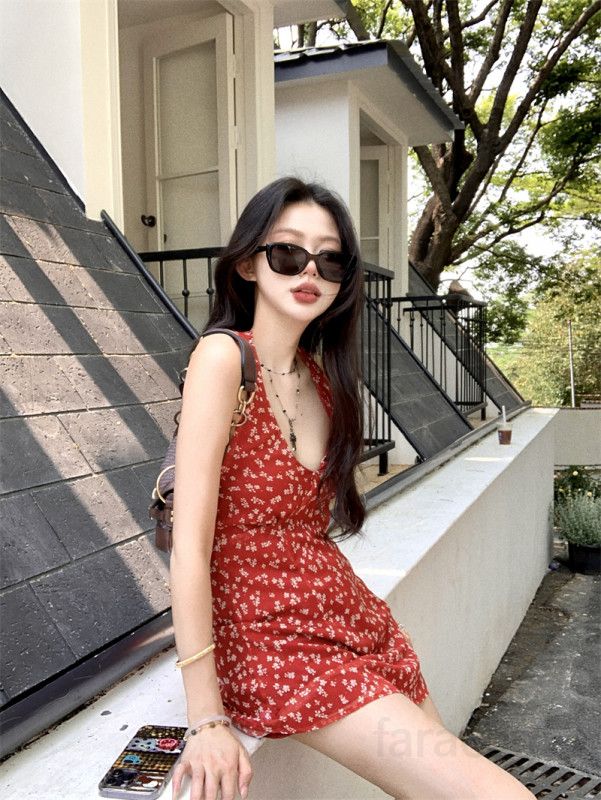 여성 브이넥 홀터넥 플라워패턴 A라인 하이웨이스트 미니 원피스 페미닌룩 데이트룩 바캉스룩 휴양지룩 데일리룩 봄 여름 13227 - 상세 이미지 4