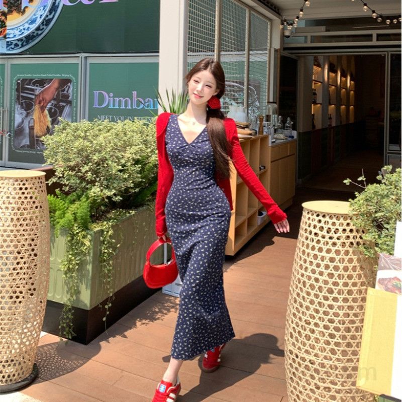 여성 봄 여름 투피스 코디 브이넥 플라워 민소매 롱 원피스 긴팔 가디건 하객룩 데일리 바캉스 13220
