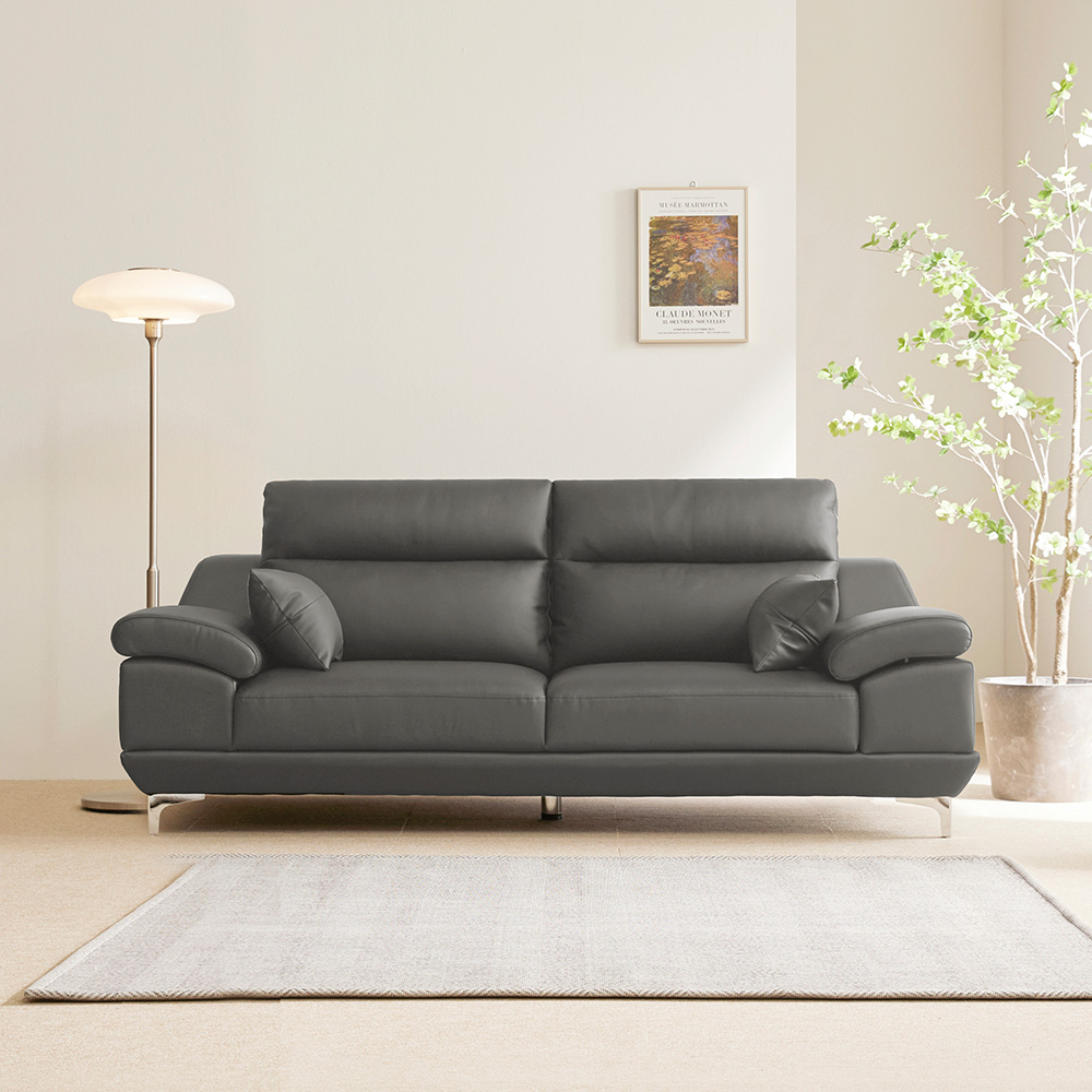 동서가구 뉴테라 천연면피가죽 소파 스툴미포함, 그레이, 3인용