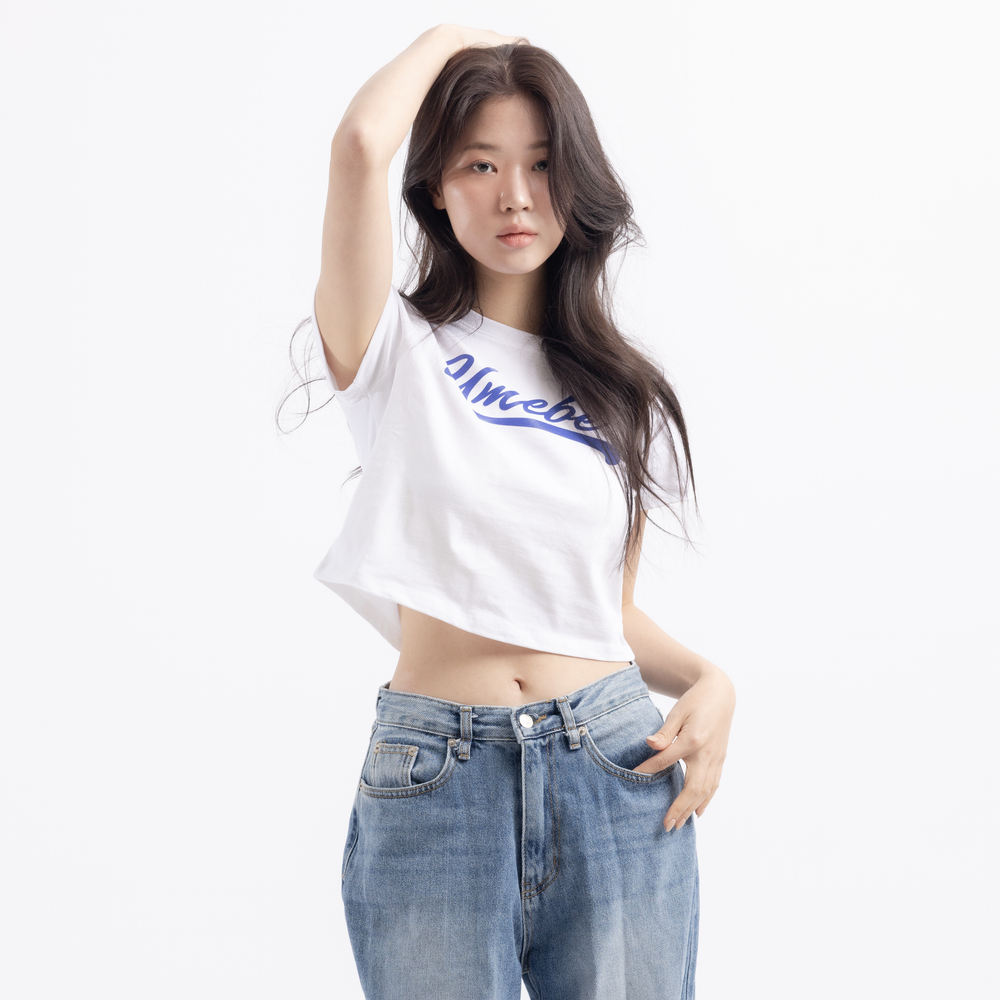 유미비 여성 크롭티 면 반팔 나염 로고 크롭탑 티셔츠 - 상세 이미지 4