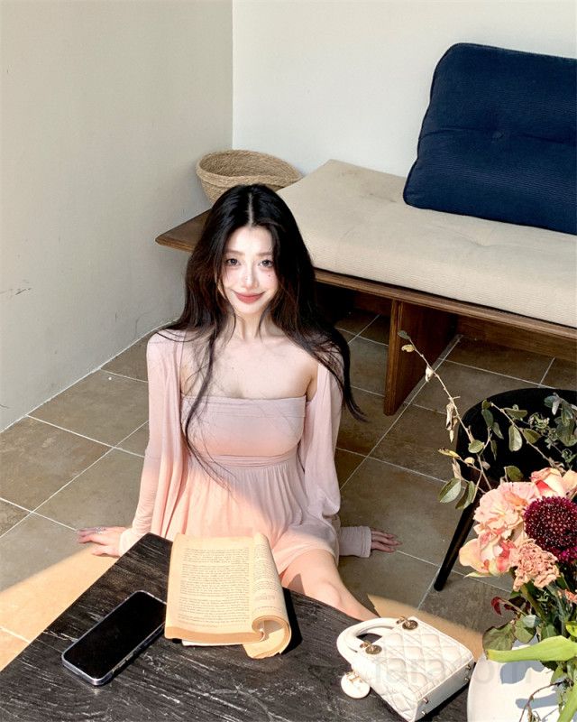 여성 튜브탑 미니원피스 긴팔 시스루 볼레로 가디건 투피스 코디 여리여리 슬림핏 데일리 휴양지 비치웨어 봄 여름 13228 - 상세 이미지 2