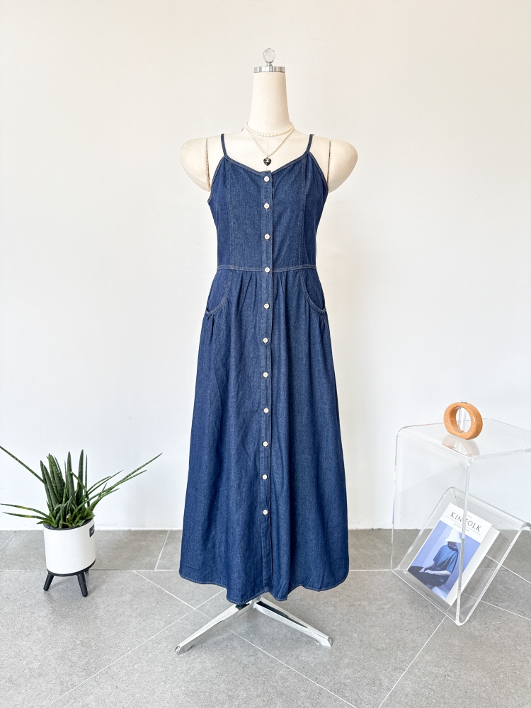 뷔스티에 끈나시 생지청 하트라인 데님 롱 원피스