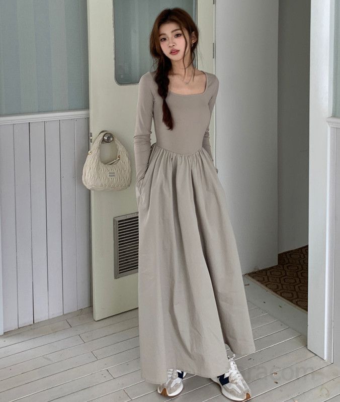 여성 스퀘어넥 X라인 롱원피스 하이웨스트 플레어 A라인 우아한 고탄력 모달 스판 솔리드 단정룩 봄 가을 8220 - 상세 이미지 2