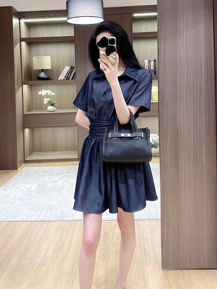 여름 데님 셔츠카라 A라인 허리밴딩 미니원피스 - 상세 이미지 2