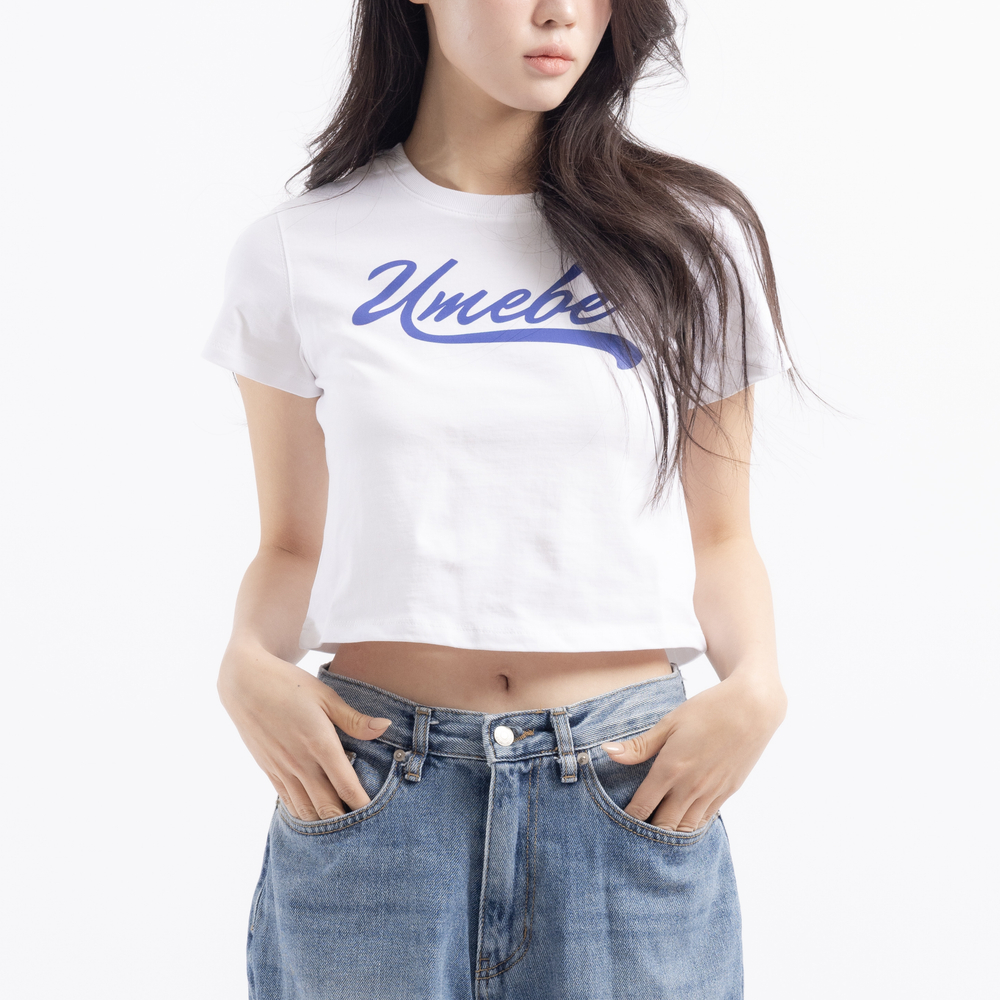 유미비 여성 크롭티 면 반팔 나염 로고 크롭탑 티셔츠 - 상세 이미지 2