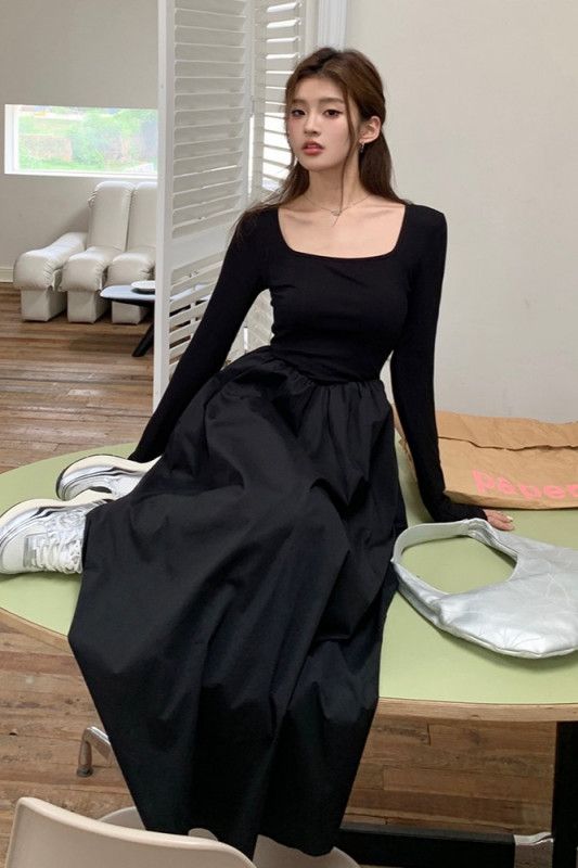 여성 스퀘어넥 X라인 롱원피스 하이웨스트 플레어 A라인 우아한 고탄력 모달 스판 솔리드 단정룩 봄 가을 8220 - 상세 이미지 4