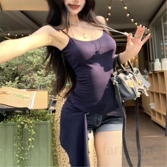 여성 언발란스 랩 디자인 페이크투피스 단추 끈나시 모달 롱 슬리브리스 여름 나시티 봄 여름 13254 - 상품 이미지