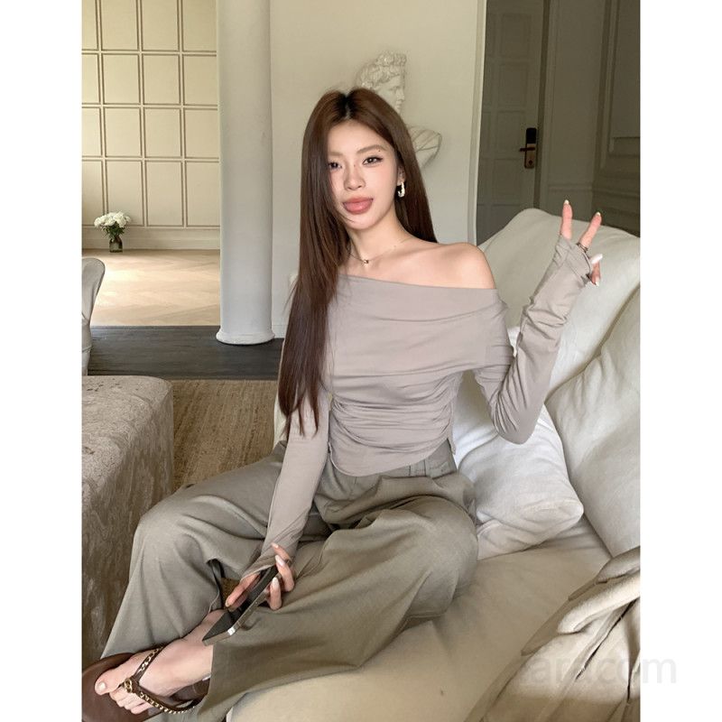 여성 오프숄더 긴팔티셔츠 언발란스 슬림핏 모달 스판 부드러운 데일리 기본티 여리핏 간절기룩 가을신상 봄 가을 8534 - 상세 이미지 4