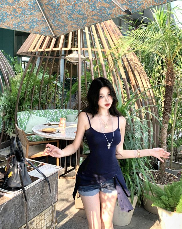 여성 언발란스 랩 디자인 페이크투피스 단추 끈나시 모달 롱 슬리브리스 여름 나시티 봄 여름 13254 - 상세 이미지 2