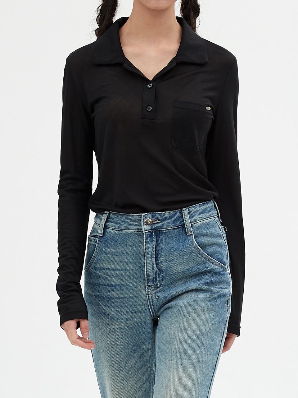 [엘씨브이] SHEER TENCEL POLO SHIRT_BLACK - 상품 이미지