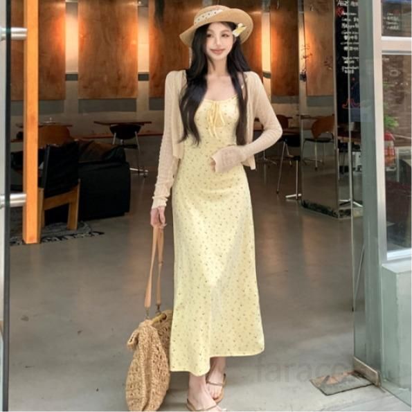 여성 라이셀 시스루 긴팔 가디건 플라워 패턴 나시 롱 원피스 투피스 세트 바캉스룩 데이트룩 봄 여름 13207