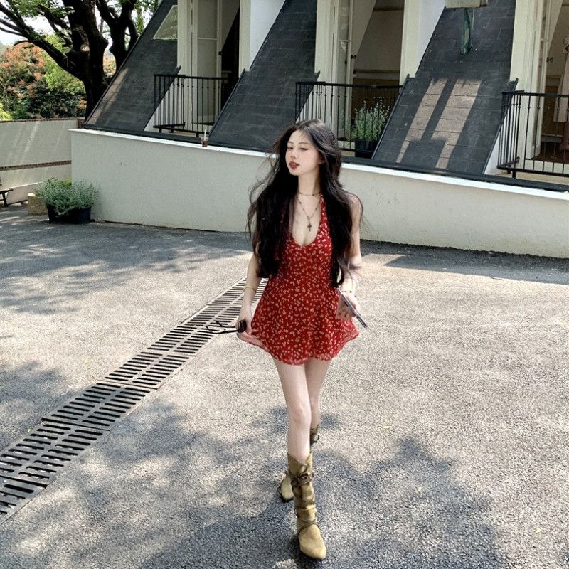 여성 브이넥 홀터넥 플라워패턴 A라인 하이웨이스트 미니 원피스 페미닌룩 데이트룩 바캉스룩 휴양지룩 데일리룩 봄 여름 13227 - 상세 이미지 5
