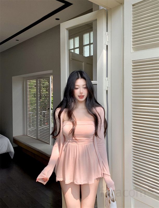 여성 튜브탑 미니원피스 긴팔 시스루 볼레로 가디건 투피스 코디 여리여리 슬림핏 데일리 휴양지 비치웨어 봄 여름 13228 - 상세 이미지 4
