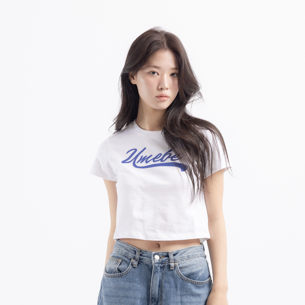 유미비 여성 크롭티 면 반팔 나염 로고 크롭탑 티셔츠 - 상세 이미지 3
