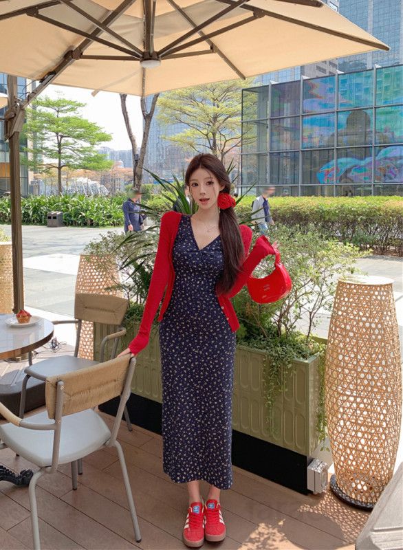 여성 봄 여름 투피스 코디 브이넥 플라워 민소매 롱 원피스 긴팔 가디건 하객룩 데일리 바캉스 13220 - 상세 이미지 4