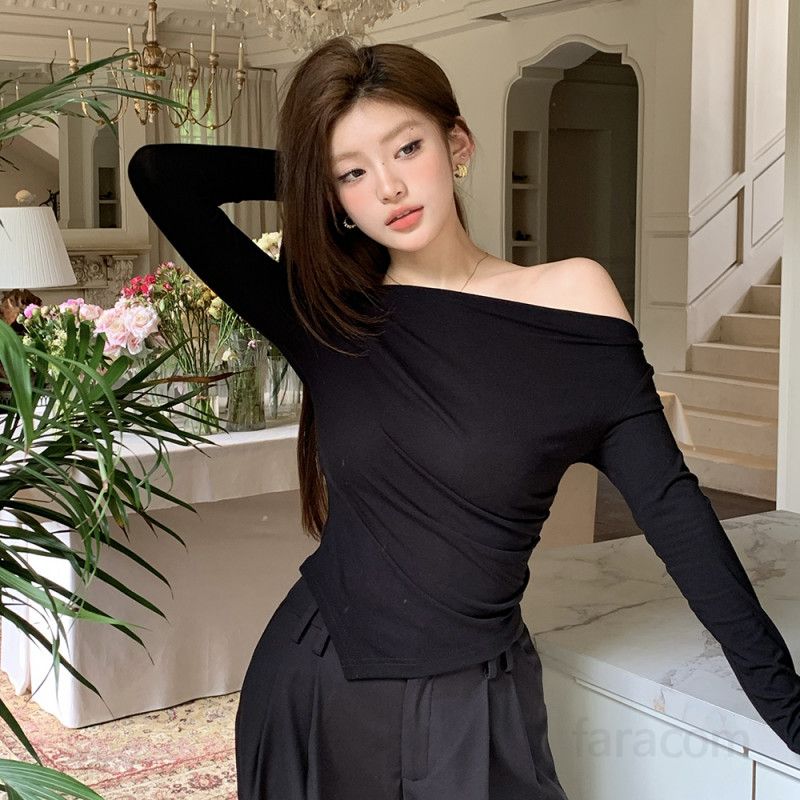 여성 오프숄더 긴팔티셔츠 언발란스 슬림핏 모달 스판 부드러운 데일리 기본티 여리핏 간절기룩 가을신상 봄 가을 8534 - 상세 이미지 3