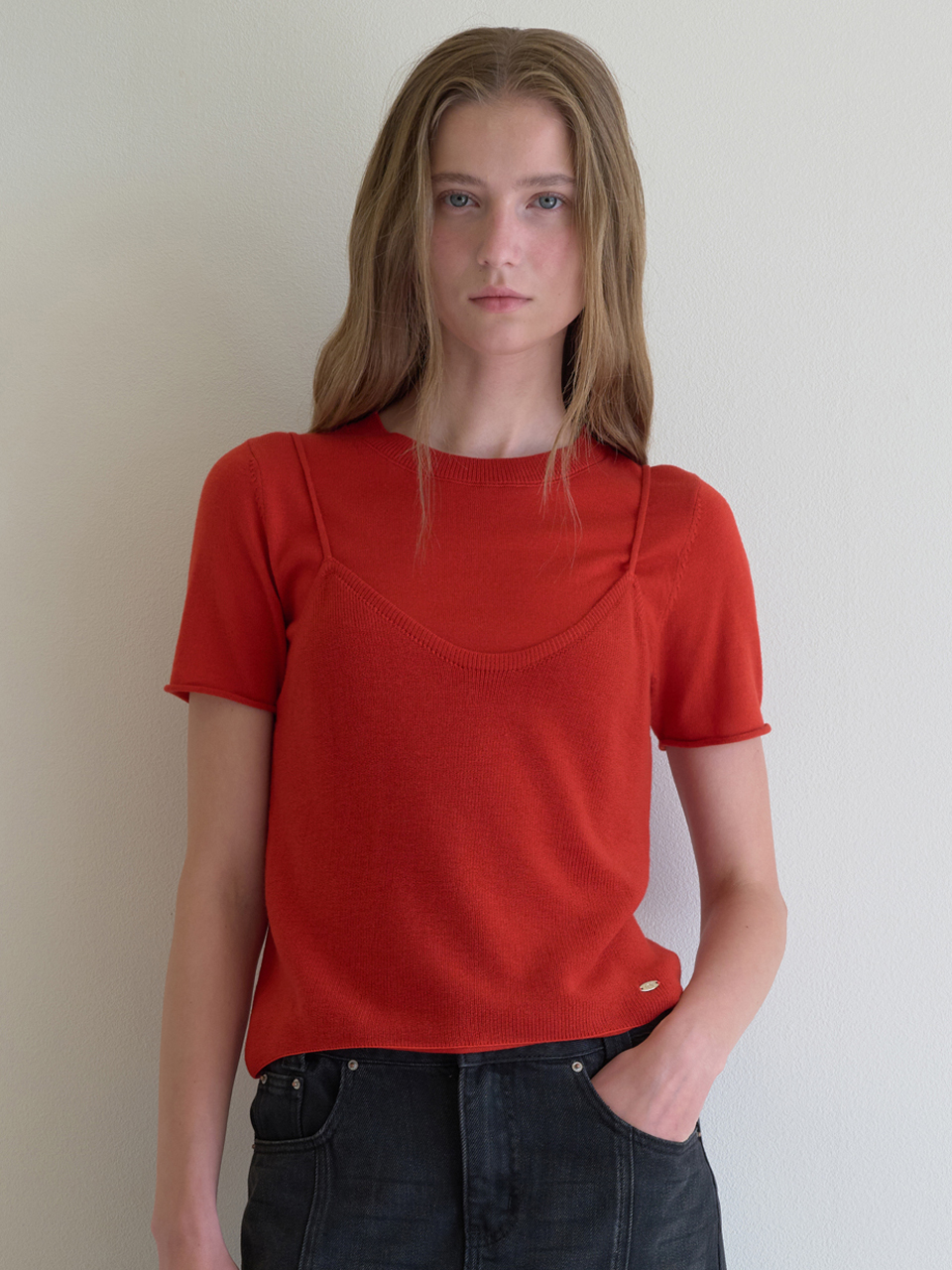 [엘씨브이] BUSTIER OVERLAY KNIT TOP_RED - 상품 이미지