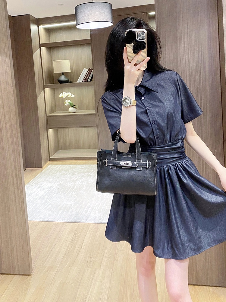 여름 데님 셔츠카라 A라인 허리밴딩 미니원피스 - 상세 이미지 3