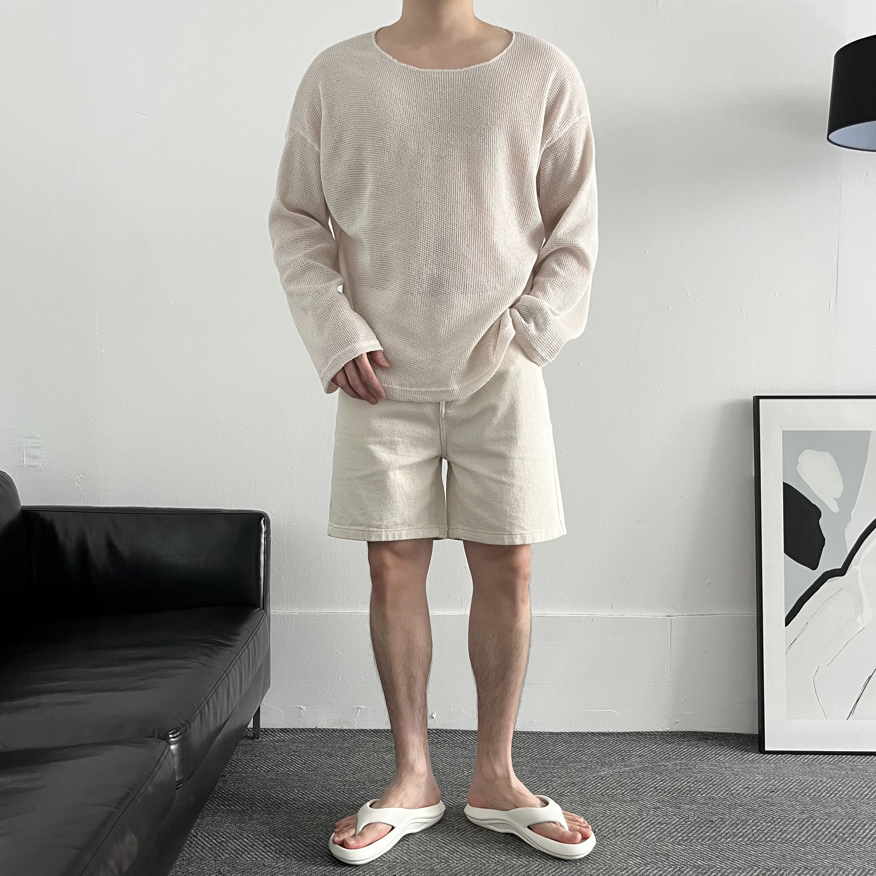 남자크림진 반바지 5부 남자아이보리데님 - 상세 이미지 2