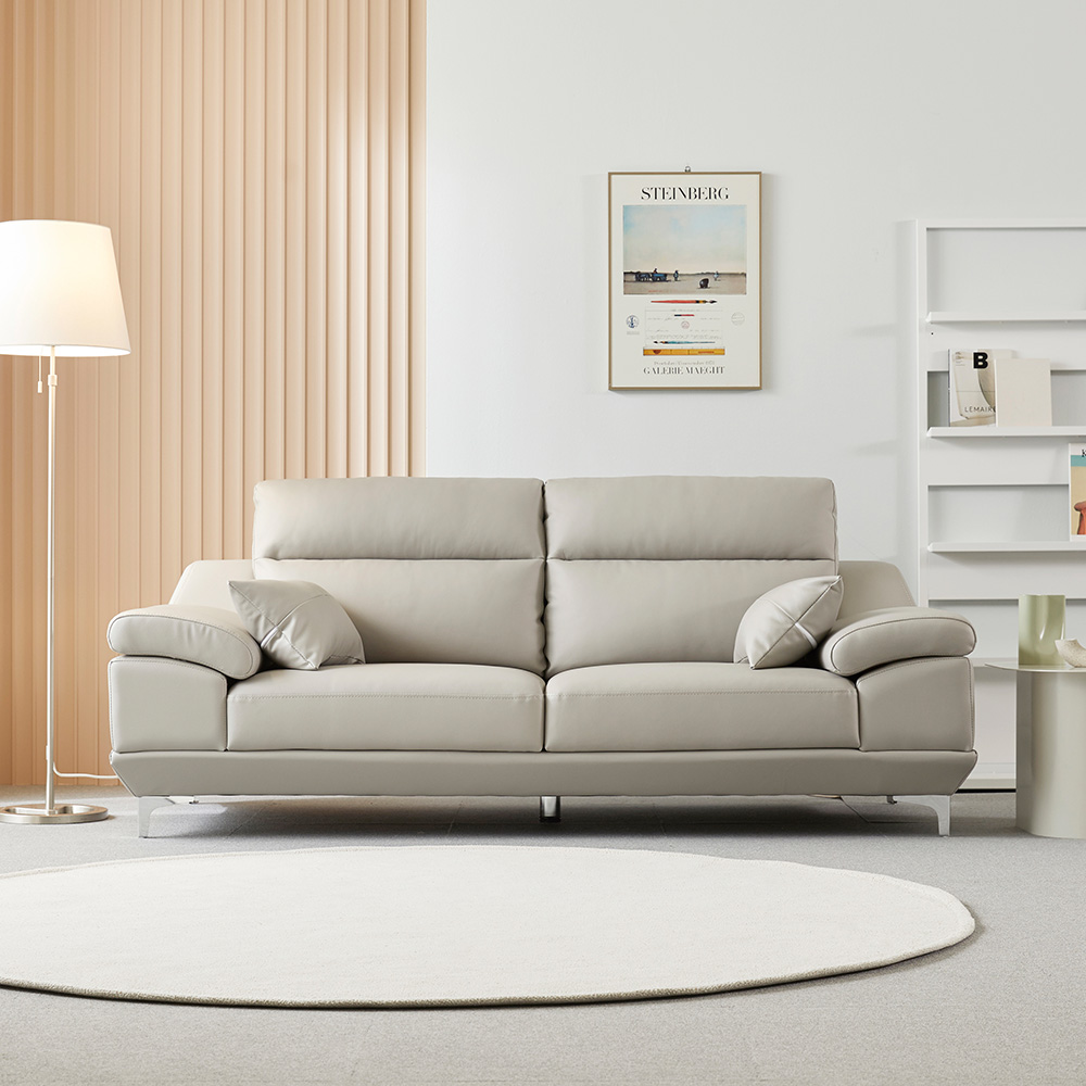 동서가구 뉴테라 천연면피가죽 소파 스툴미포함, 라이트그레이, 3인용