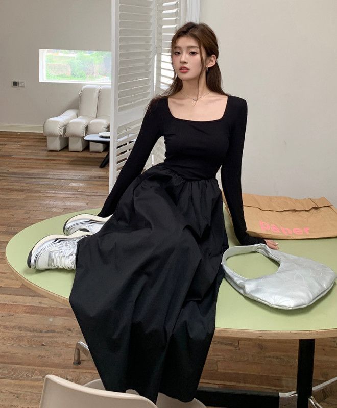 여성 스퀘어넥 X라인 롱원피스 하이웨스트 플레어 A라인 우아한 고탄력 모달 스판 솔리드 단정룩 봄 가을 8220 - 상품 이미지