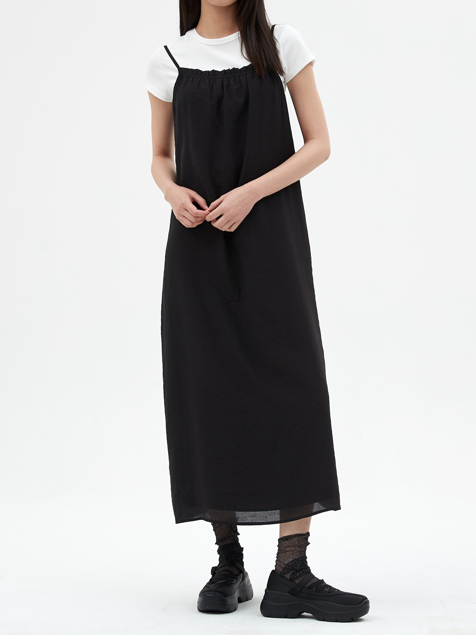 [엘씨브이] SHIRRING SLEEVELESS DRESS_BLACK - 상품 이미지