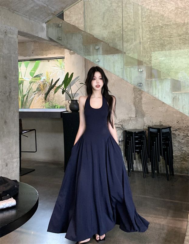 여성 홀터넥 백리스 퓨어섹시 A라인 플레어 맥시 롱원피스 민소매 하이웨이스트 우아한 청순섹시 시원한 신축성 데일리 리조트 바캉스룩 봄 여름 13273 - 상세 이미지 4