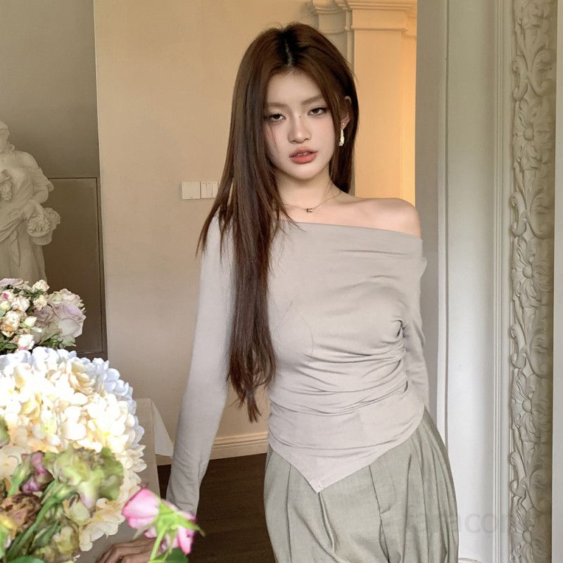 여성 오프숄더 긴팔티셔츠 언발란스 슬림핏 모달 스판 부드러운 데일리 기본티 여리핏 간절기룩 가을신상 봄 가을 8534 - 상세 이미지 2