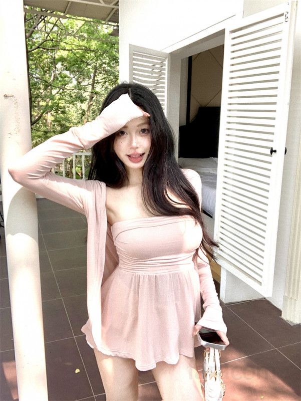 여성 튜브탑 미니원피스 긴팔 시스루 볼레로 가디건 투피스 코디 여리여리 슬림핏 데일리 휴양지 비치웨어 봄 여름 13228 - 상세 이미지 5
