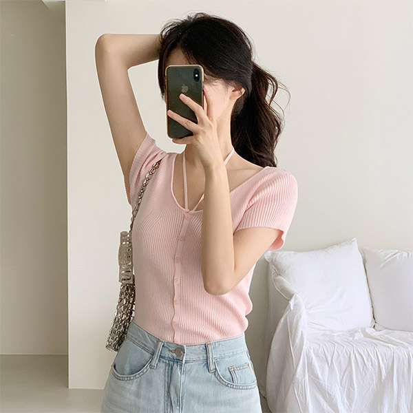 네일린 홀터넥 슬림 골지 반팔 니트 탑 cd3430