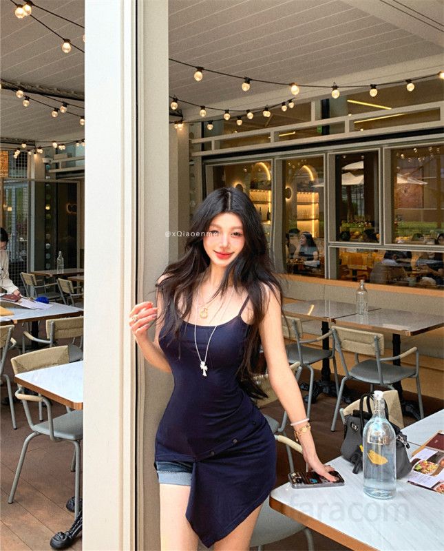 여성 언발란스 랩 디자인 페이크투피스 단추 끈나시 모달 롱 슬리브리스 여름 나시티 봄 여름 13254 - 상세 이미지 4