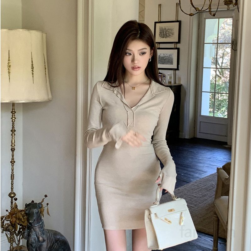 여성 브이넥 긴팔 랩스타일 X라인 슬림핏 미니원피스 솔리드 모던 데일리룩 오피스룩 하객룩 봄 가을 8570 - 상세 이미지 3