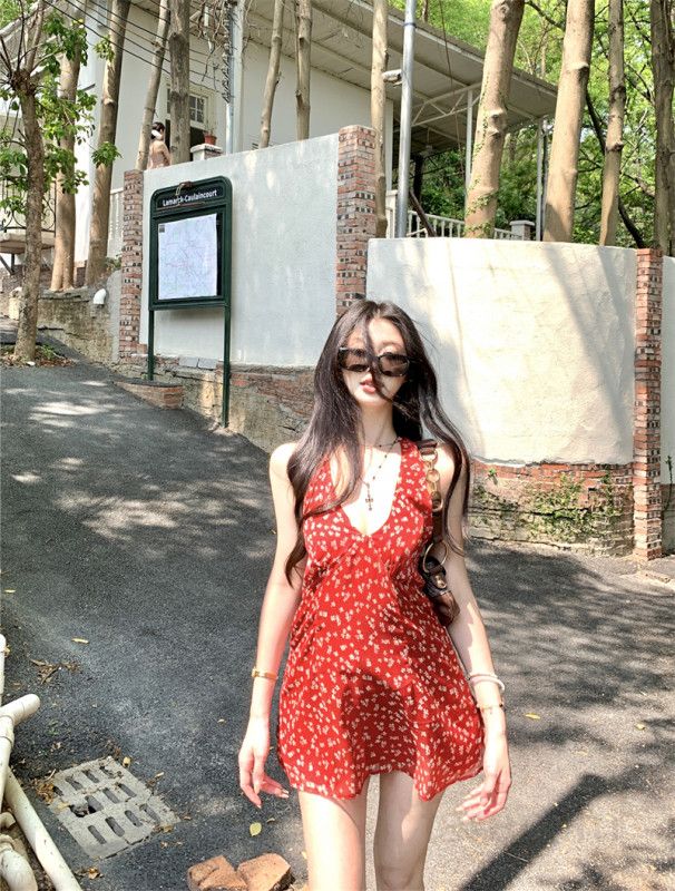 여성 브이넥 홀터넥 플라워패턴 A라인 하이웨이스트 미니 원피스 페미닌룩 데이트룩 바캉스룩 휴양지룩 데일리룩 봄 여름 13227 - 상세 이미지 2
