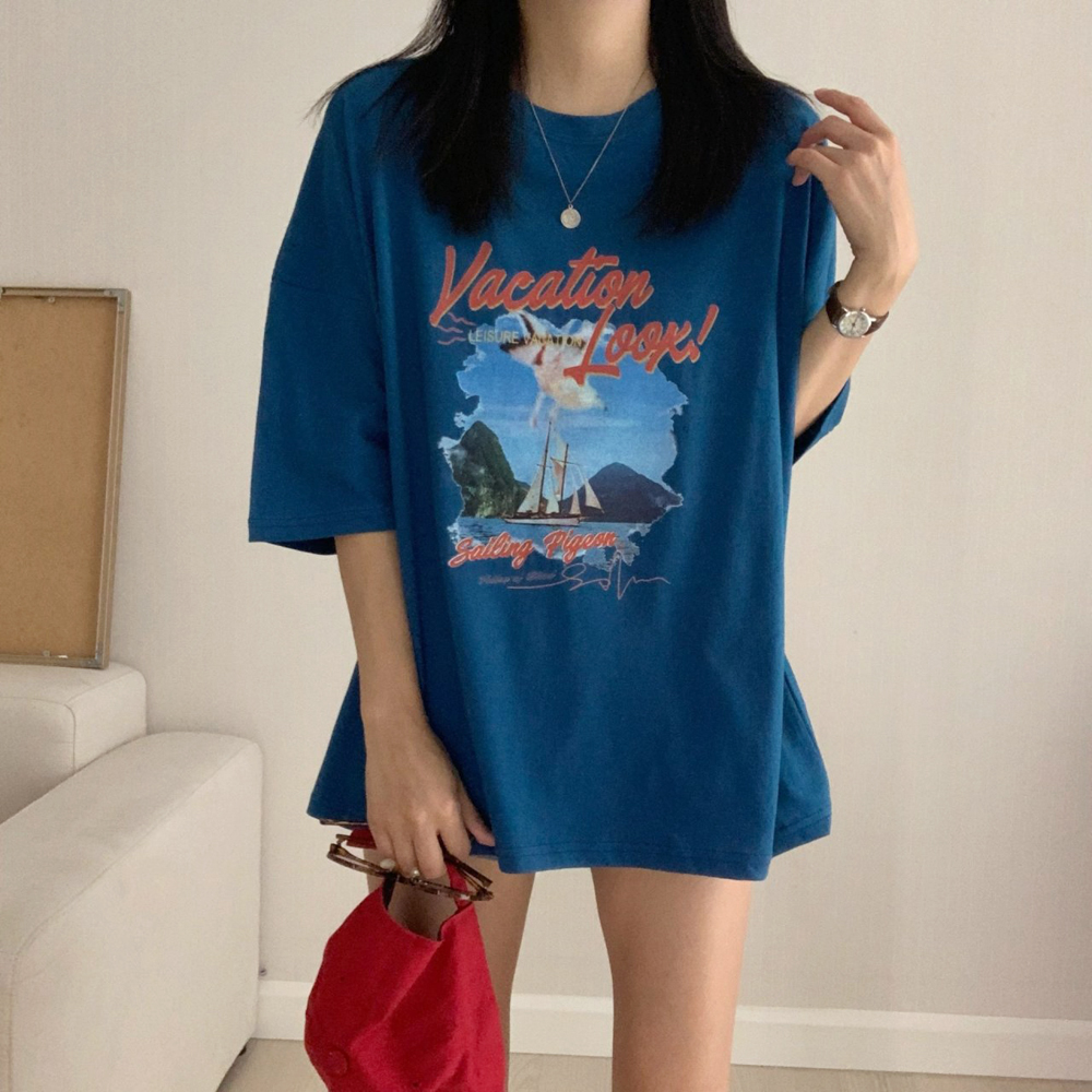캐주얼 오버핏 베케이션 레터링 프린팅 롱 티셔츠 여름 여성 티셔츠 면 박스티 여자 반팔티 - 상세 이미지 3