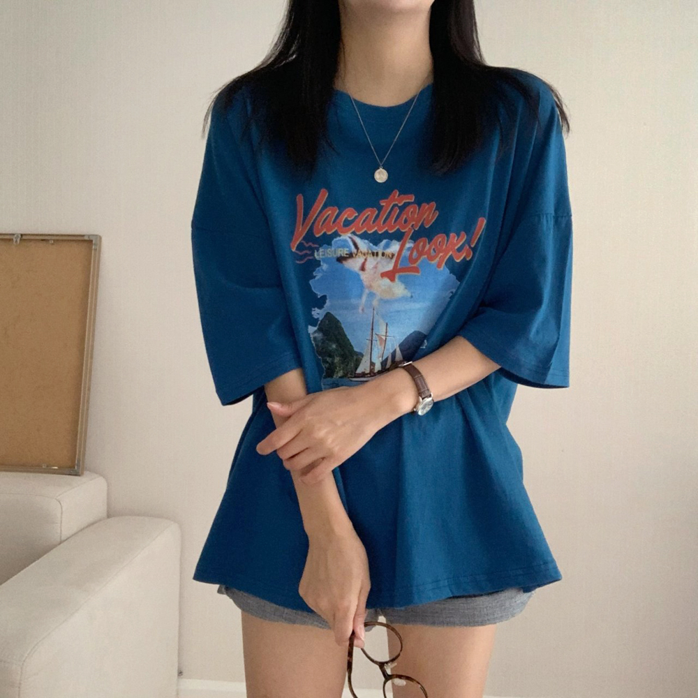 캐주얼 오버핏 베케이션 레터링 프린팅 롱 티셔츠 여름 여성 티셔츠 면 박스티 여자 반팔티 - 상세 이미지 2