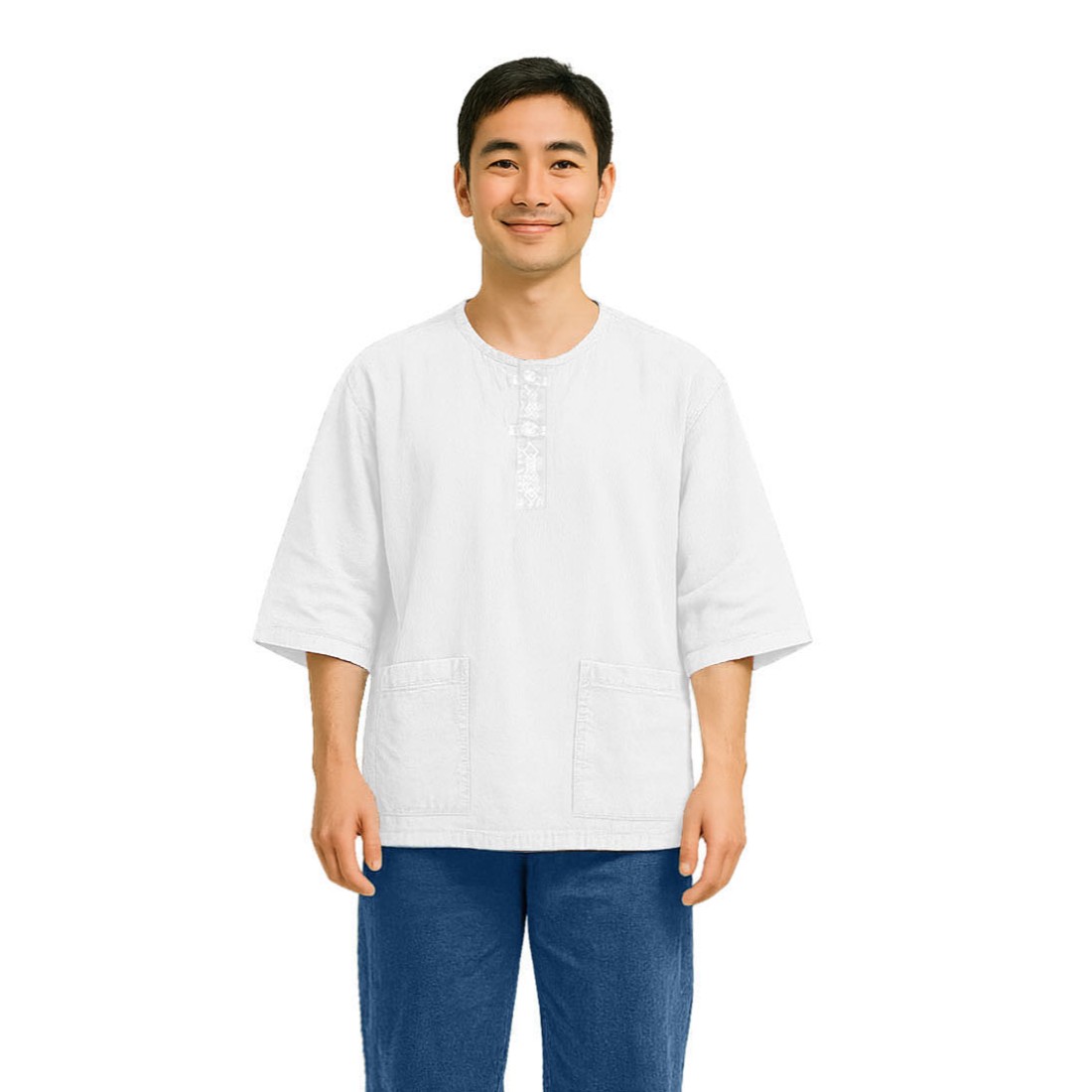 여름 생활한복 티셔츠 헨리넥 7부 전통자수 매듭단추 면100 - 상품 이미지