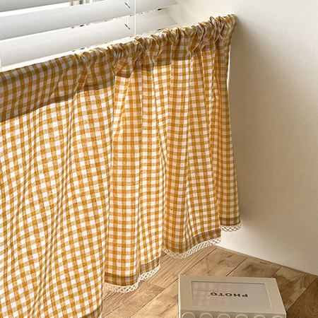 체크 노란색 레이스 가리개커튼 창문 바란스 가림막 가리개 인테리어 미니 패브릭 커튼