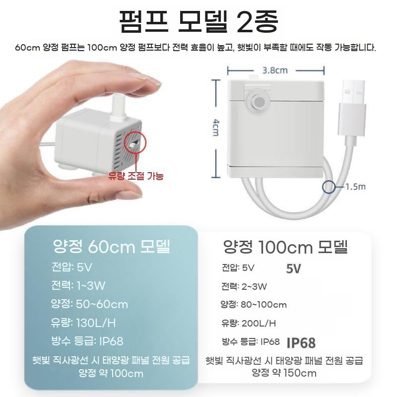 태양광 수중펌프 세트 5V 분수 어항순환기 bying24 3.3W+120L 화이트펌프+0.9m - 상세 이미지 5