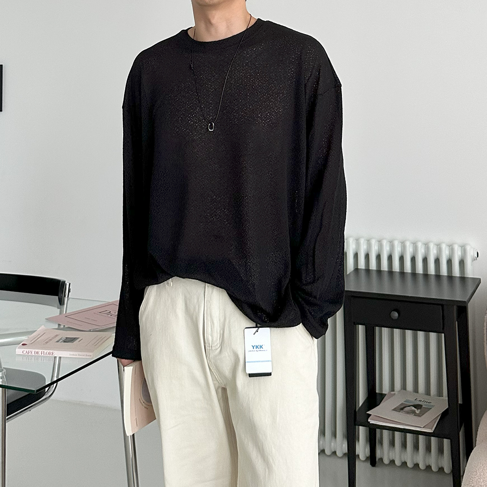 남자 여름티셔츠 시스루 바캉스 커플 긴팔 린넨 티셔츠 - 상세 이미지 3