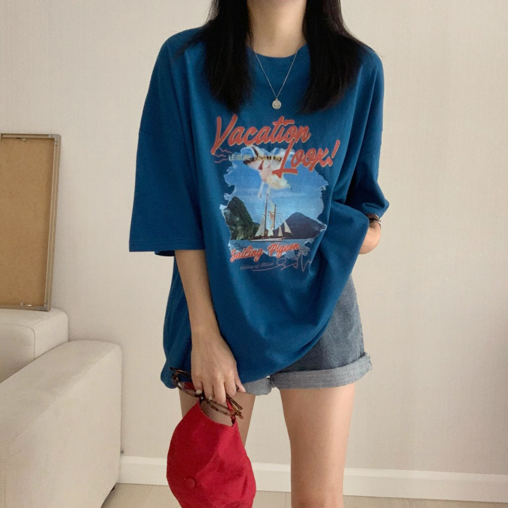 캐주얼 오버핏 베케이션 레터링 프린팅 롱 티셔츠 여름 여성 티셔츠 면 박스티 여자 반팔티 - 상세 이미지 5